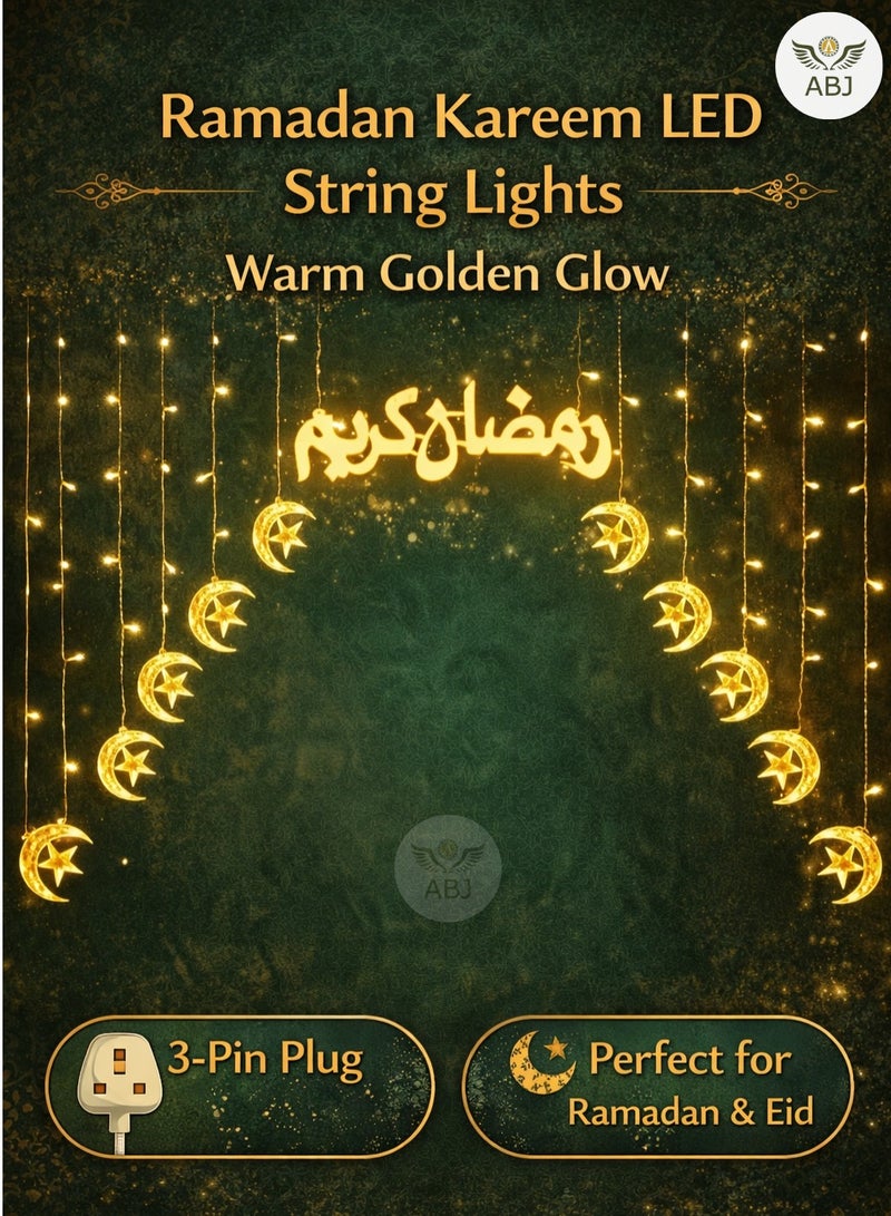 ABJ Ramadan Eid Moon and Star Curtain Lights, 3 Meter Warm White LED Fairy Lights with Ramadan Kareem Sign, 136 LEDs, 8 Lighting Modes, 3 Pin Plug, Indoor Decorative Lights for Ramadan, String Light - Image 1